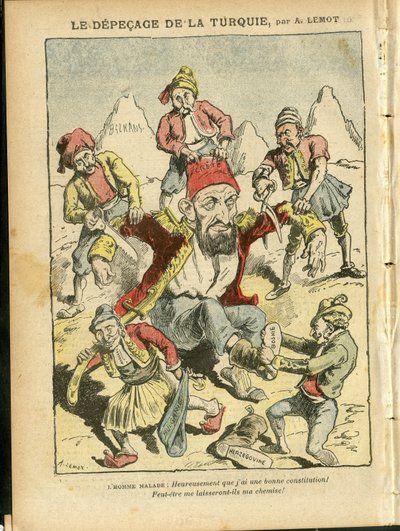 Illustratie van Achille Lemot (1846-1909) in Le Pelerin, 25/10/08 - Het ontleden van Turkije - Turkije, Religie Geloof, Balkan, Bulgarije, Bosnië-Herzegovina, Kreta, Katholiek Katholicisme - Abdul-Hamid II (1842-1918) door Achille Lemot