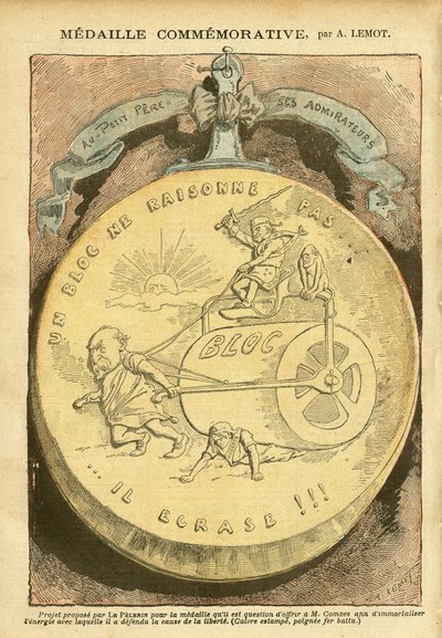 Illustratie van Achille Lemot in Le Pelerin, 26/02/05 - Herdenkingsmedaille - Antimaconisme Vrijmetselarij, Affaire des fiche, Blok van links - Combes Emile, Marianne - Pan door Achille Lemot