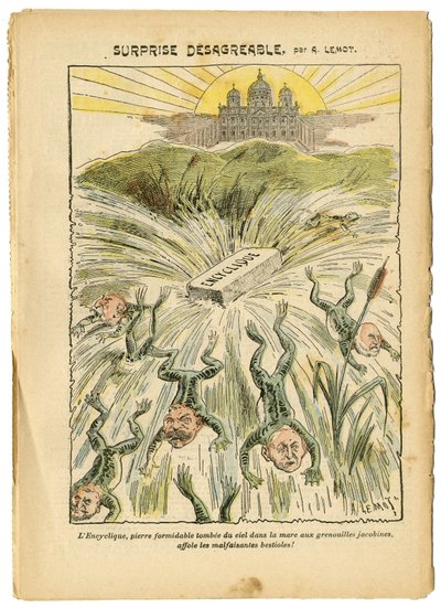 Illustratie van Achille Lemot (1846-1909) in Le Pelerin, 26/08/06 - Onaangename verrassing - Klerikaal/antirepublikeins, Religie Geloof, Vaticaan, Uitdrukkingen, Katholiek Katholicisme - Encycliek - Batrachische Kikker - Animalisatie door Achille Lemot