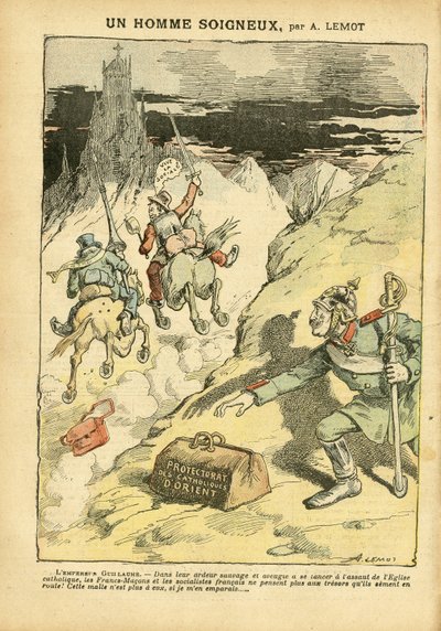 Illustratie in Le Pelerin, 28/05/05 - Een zorgvuldige man - Antiklerikalisme, Sociaal, Kolonisatie Kolonialisme, Franco-Maconisme, Oriënt, Religie Geloof, Linkse Blok, Socialisme, Protectoraat van Oosters Katholicisme, Katholiek Kat door Achille Lemot