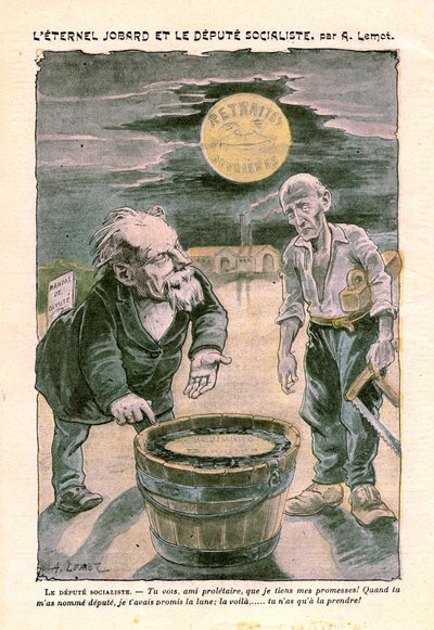 Socialistische afgevaardigde belooft de maan (pensioen) aan een arme proletariër (timmerman), in Le Pelerin, Katholiek weekblad N°1391 van 30 augustus 1903 door A. Lemot (tekening) door Achille Lemot