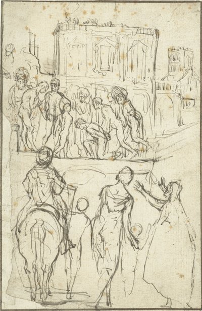 Duits: Josephus wird von Nicanor vor Kaiser Vespasianus geführt Josephus wordt geleid door Nicanor voor keizer Vespasianus door Adam Elsheimer