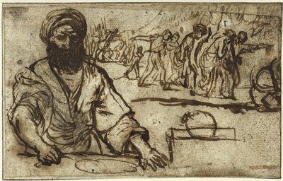Zittende man met een baard, op de achtergrond een stoet van mensen en ruiters door Adam Elsheimer