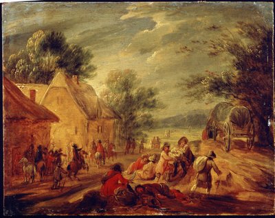 Ruiters die een gehucht aanvallen door Adam Frans van der Meulen
