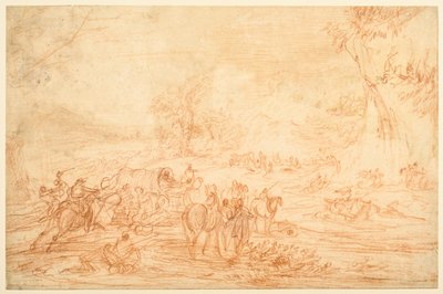 Landschap, met een aanval op een konvooi van koetsen door Adam Frans van der Meulen