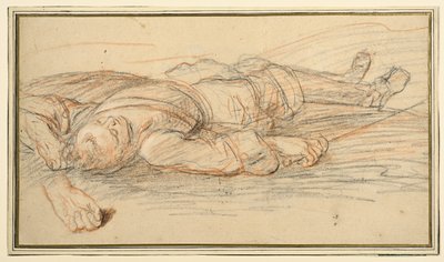 Studie voor een krijger liggend op het slagveld, en een extra studie van de linkerhand door Adam Frans van der Meulen