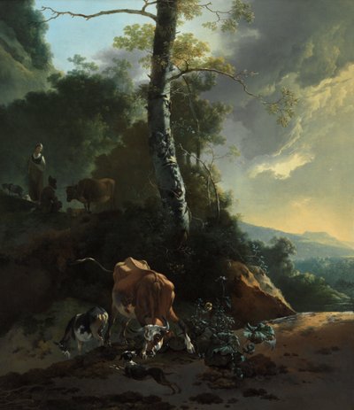 Landschap met woedende os door Adam Pynacker