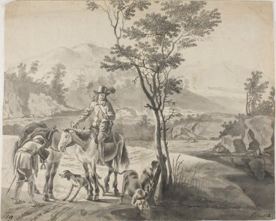 Ruiters en honden in rotsachtig landschap door Adam Pynacker