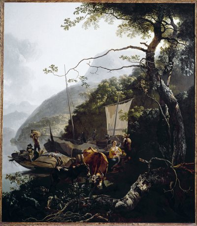 Zeilboot aanmeren op het strand van een meer, ca. 1660 door Adam Pynacker
