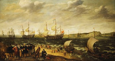 Oorlogsschepen die uit een Estuarium varen met figuren op de voorgrond door Adam Willaerts