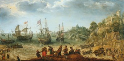 Schepen voor een rotsachtige kust door Adam Willaerts