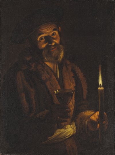 Oude Man met een Kaars en een Glas door Adam de Coster
