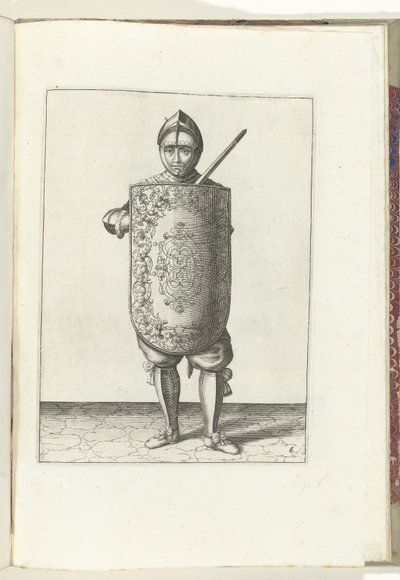 De exercitie met de targe en rapier: de soldaat houdt de targe voor de borst en de getrokken rapier tegen de linkerschouder (nr. 6), 1618 door Adam van Breen
