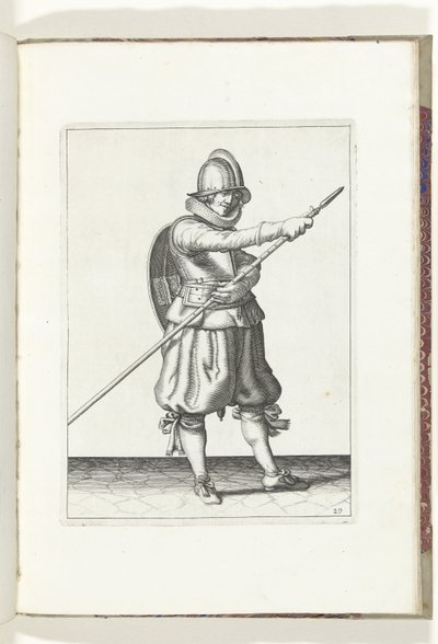 De exercitie met schild en spies: de soldaat brengt de spies met twee handen weer in positie (nr. 29), 1618 door Adam van Breen