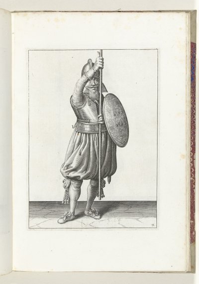 De exercitie met schild en spies: de soldaat brengt in drie tijden de spies weer terug in de rustpositie, tweede beweging (nr. 11), 1618 door Adam van Breen