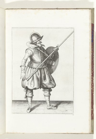 De exercitie met schild en spies: de soldaat brengt in drie tijden de spies weer terug in de rustpositie, eerste beweging (nr. 10), 1618 door Adam van Breen