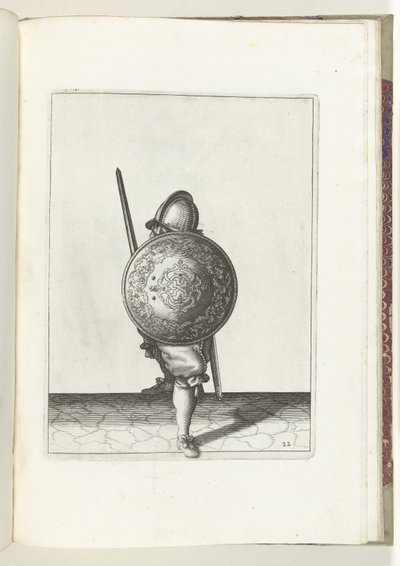 De exercitie met schild en spies: de soldaat in een verdedigende houding met een voet naar voren en met zijn rapier en schild op de knie voor het lichaam, gezien van voren (nr. 22), 1618 door Adam van Breen