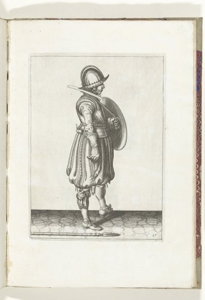 De exercitie met schild en spies: de soldaat met het schild gereed en de spies naast zijn rechtervoet op de grond (nr. 17), 1618 door Adam van Breen