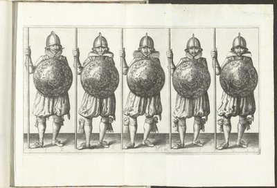 De exercitie met schild en spies: vijf soldaten staande naast elkaar in het gelid met de spies in de rechterhand rustend op de grond en het schild voor de borst (nr. 31), 1618 door Adam van Breen