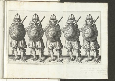 De exercitie met schild en spies: vijf soldaten staande naast elkaar in het gelid met de rapier in de rechterhand en het schild voor de borst (nr. 32), 1618 door Adam van Breen
