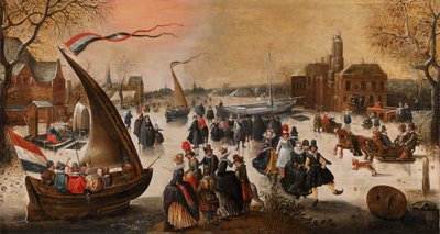 Winterlandschap met elegante schaatsers op een bevroren meer, ijsbrekers en een stad in de verte door Adam van Breen