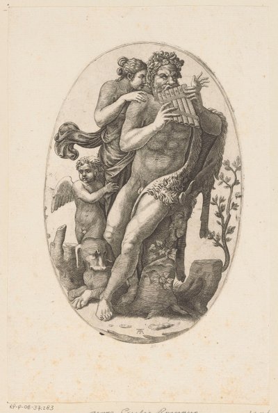 Sater met panfluit en een nimf door Adamo Scultori