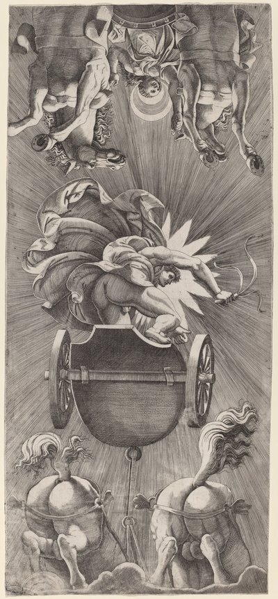 De ondergang van de zon met de strijdwagens van Apollo en Diana door Adamo Scultori after Giulio Romano