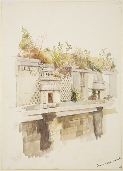 Casa de Monjas, Uxmal, Mexico, schilderij van de bovenverdieping van de ruïnes door Adela Breton