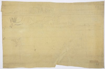 Kopie van een tekening van een muurschildering boven de deur, Bovenste Tempel van de Jaguars, Chichen Itza, Mexico Potlood 
