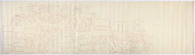 Kopie van een tekening van een muurschildering van het zuidelijke paneel van de westelijke muur, binnenste tempel, Bovenste Tempel van de Jaguars, Chichen Itza, Mexico door Adela Breton