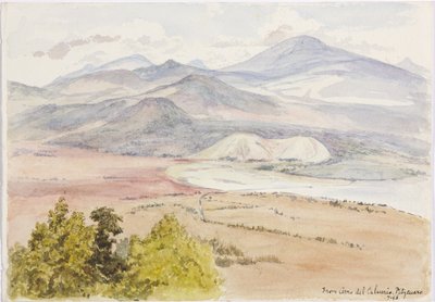Uitzicht vanaf de Cerro del Calvario, Patzcuaxo aan de ene kant van het papier en aan de andere kant een uitzicht op het oude fort en stenen heuvels, Iguatcho vanaf Cerro del Calvario, Patzcuaro, Michoacan, Mexico door Adela Breton