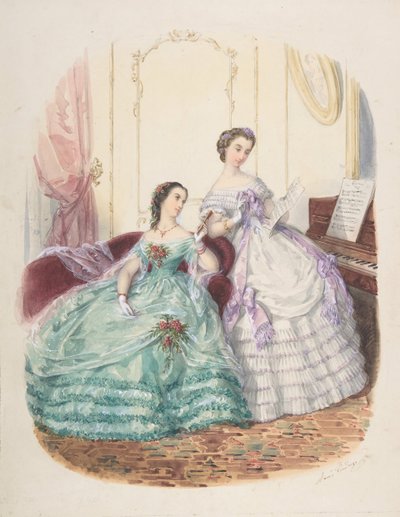 Mode Studie: Twee Vrouwen in Avondjurk, ca. 1860 door Adèle Anaïs Colin