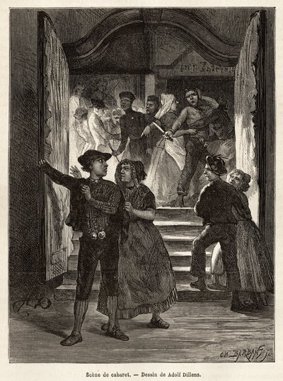 Een cabaretscène, een stel verlaat de scène, terwijl een man hen bedreigt met een mes, vastgehouden door twee vrouwen; terwijl een ander stel hen tegemoet treedt bij het betreden van het cabaret, gravure naar de tekening van Adolf Dillens, illustrerend een door Adolf Alexander Dillens
