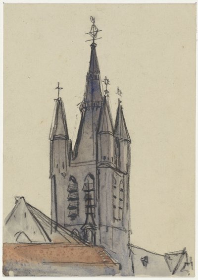 Toren van de Oude Kerk te Delft door Adolf le Comte