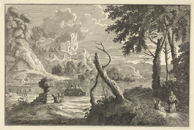 Arcadisch rivierlandschap met gebroken boom door Adolf van der Laan