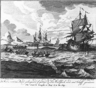 „De walvis wordt naar boord geboegeerd of geroeid.” (nr. 7 uit de serie walvisvaart) door Adolf van der Laan