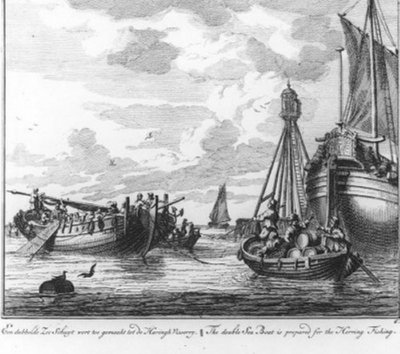 “Een dubbel zeeschip wordt toegemaakt voor de haringvisserij” (nr. 6 uit de serie Haringvangst) door Adolf van der Laan