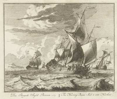 Haringbuis zeilt huiswaarts, ca. 1725 door Adolf van der Laan