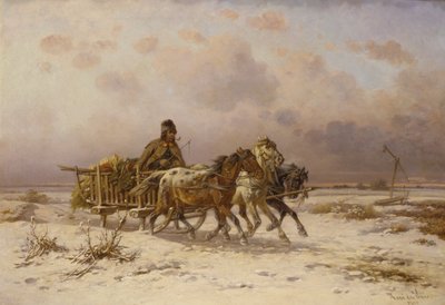 Een boer in een slee die drie paarden bestuurt door Adolf van der Venne
