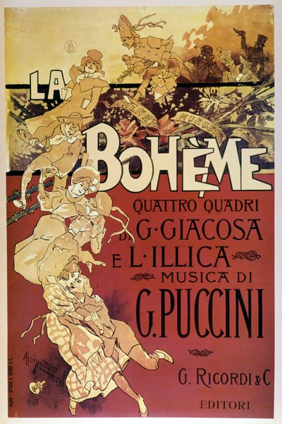 Affiche van La Bohème door Adolfo Hohenstein voor de première van de opera van Giacomo Puccini in het Teatro Regio di Torino, op 01/02/1896 door Adolfo Hohenstein