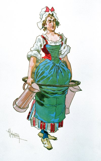 Kostuumontwerp voor een dienstmeisje uit de Opera Manon Lescaut van Giacomo Puccini door Adolfo Hohenstein