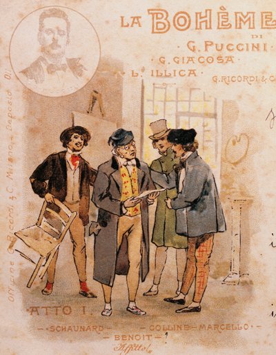 Postkaart door Adolf Hohenstein (1854-1928) voor de eerste uitvoering van La Boheme door Adolfo Hohenstein