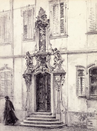 Een man die de trap van een gebouw met een barok portaal afdaalt, 1884 door Adolph Menzel