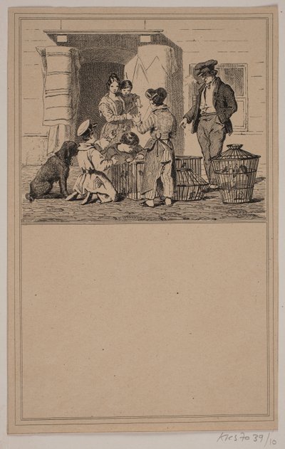 Vogels in gevangenschap. Nr. 9 in Chr. Winther en M. Rørbye, "25 Beelden voor kleine kinderen" door Johan Adolph Kittendorff