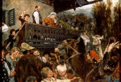 Een reizend circus kameeldrijvers in Partenkirchen, 1884 door Adolph Menzel