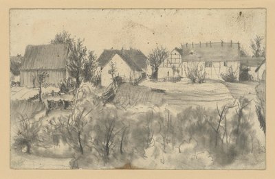 Gezicht op schuren en boerderijen, met lage bomen en struikgewas op de voorgrond door Adolph Menzel