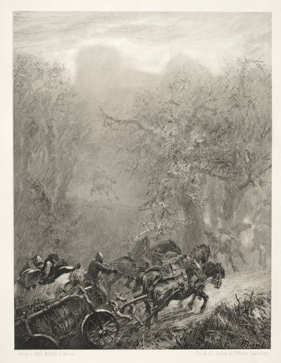 Essay on Stone with Brush and Scraper: Het konvooi van gevangenen door een bos, 1851 door Adolph Menzel