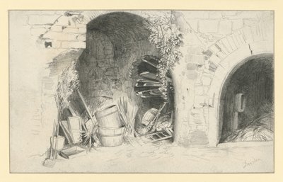 Vaten en planken onder de bogen van de Jungfernbastei in Dresden door Adolph Menzel