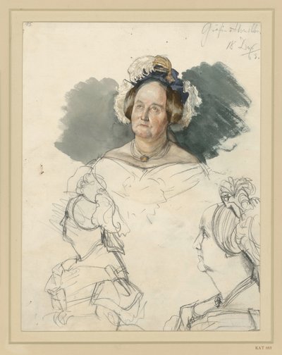 Gravin Alvensleben, geboren v. d. Osten-Sacken. Daaronder twee borstbeelden. Studie voor het schilderij „De kroning van Wilhelm I in Königsberg“ door Adolph Menzel