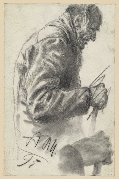 Halffiguur van een oude man met een stok, waarvan de rechterhand verworpen en eronder herhaald is door Adolph Menzel